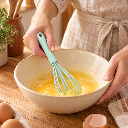 Mint Silicone-Covered Whisk use: Mint whisk mixing eggs by hand in a stable bowl