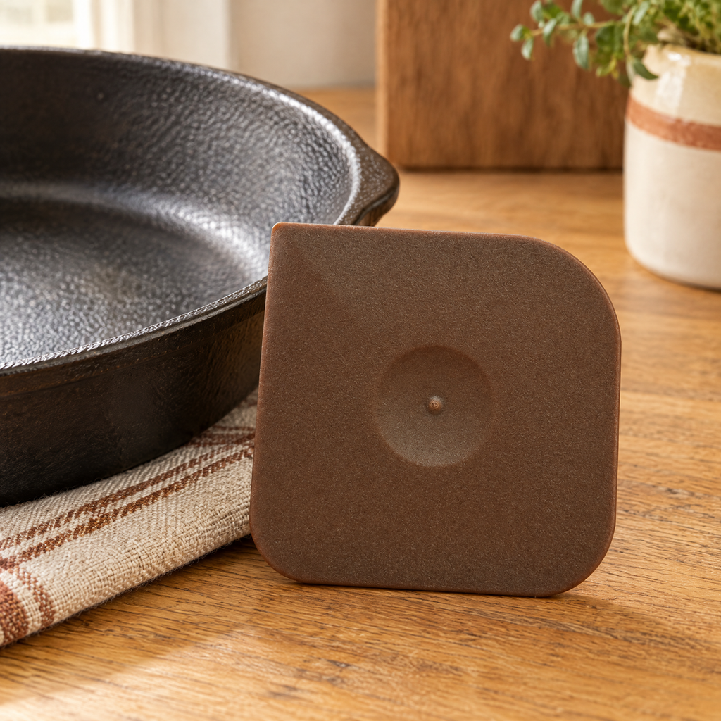 Morsel Pan Scraper story: Morsel beside a cooled compatible pan