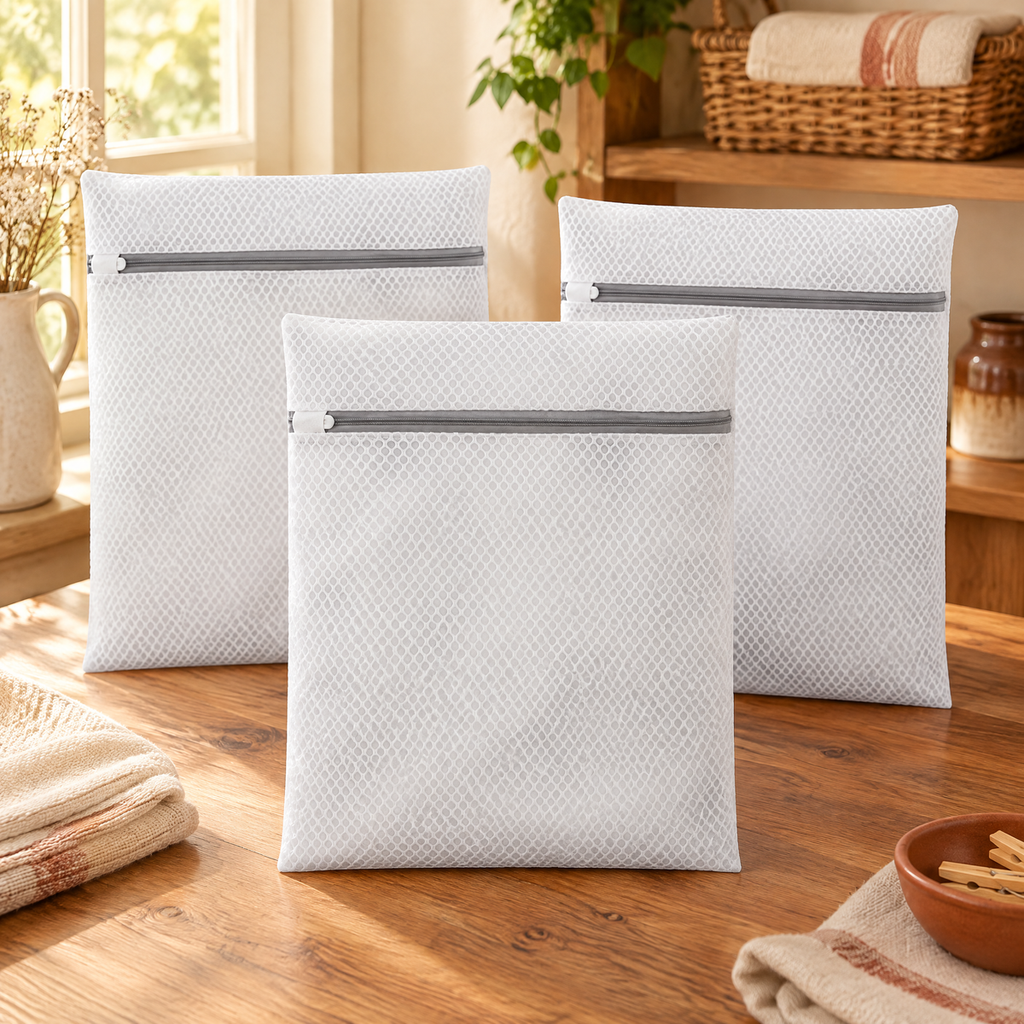 Nest Mesh Laundry Bag Trio detail: White honeycomb mesh and grey zip closures of the three Nest bags