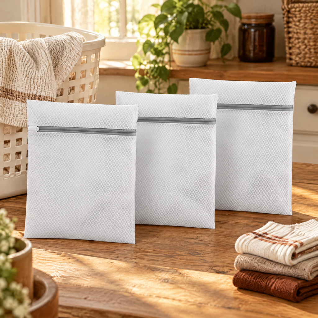 Nest Mesh Laundry Bag Trio story: Nest mesh trio beside a wash-day basket