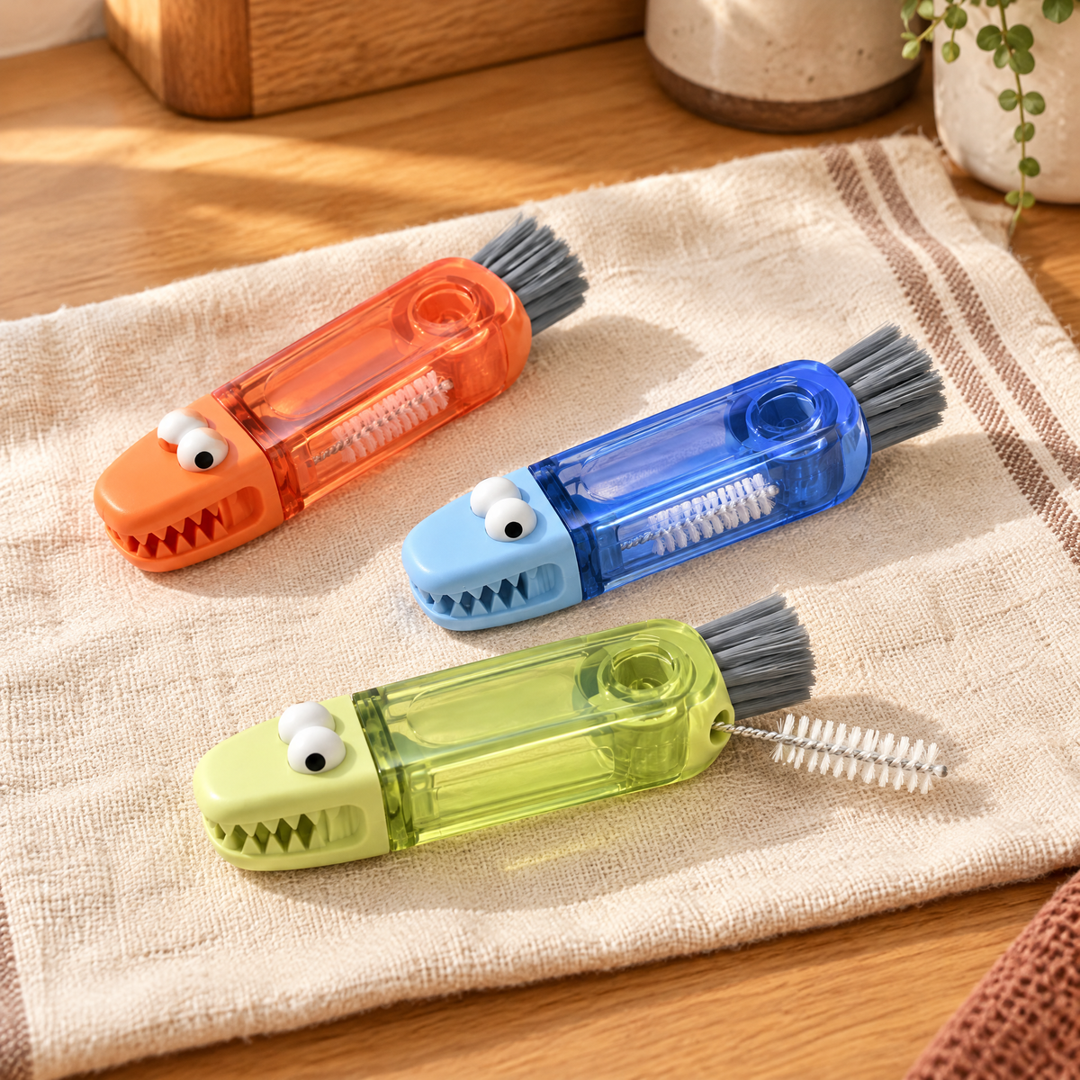 Nib Cup Brush Trio use: A gentle Nib bristle stroke in a lid groove