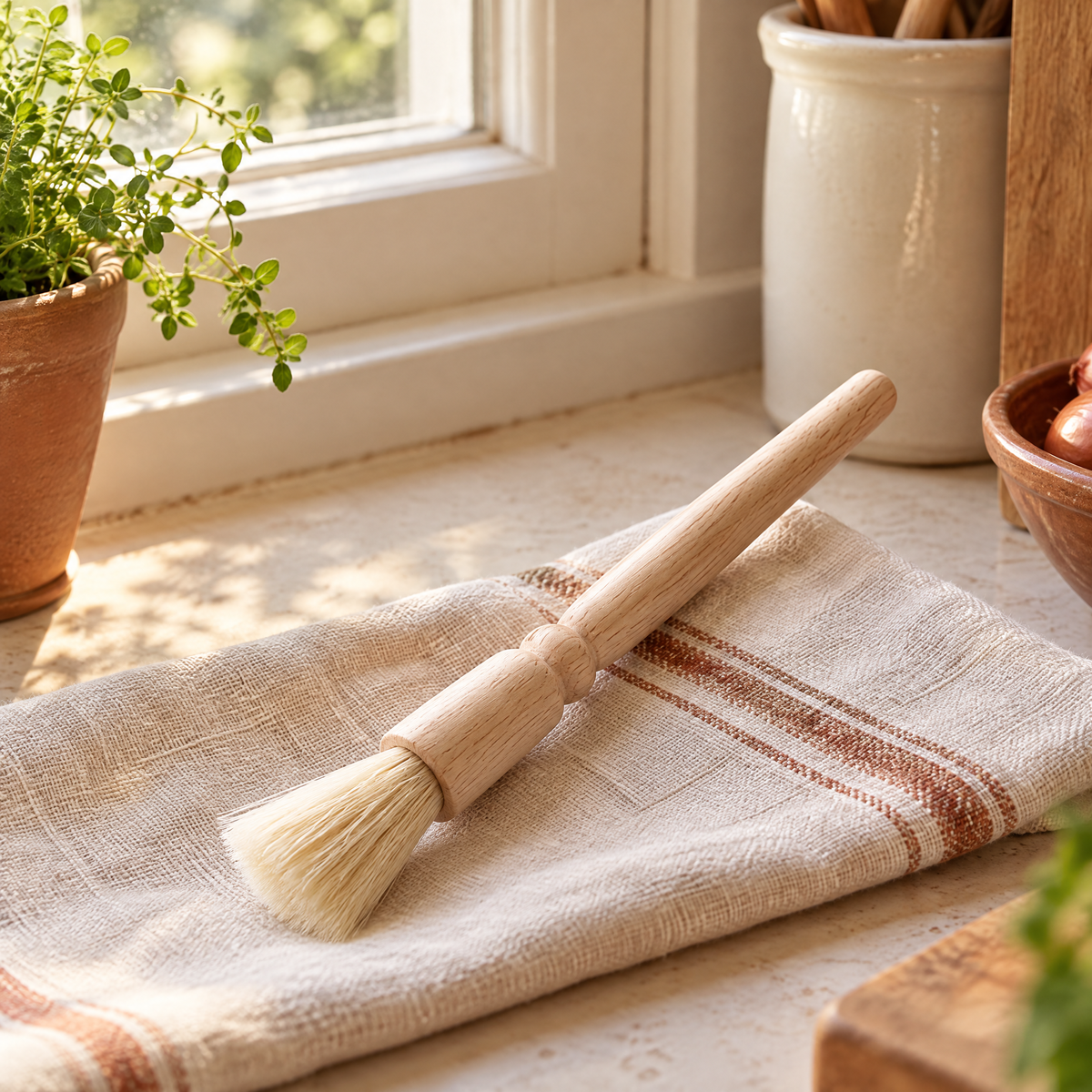Nook brush beside a kitchen window and narrow sill