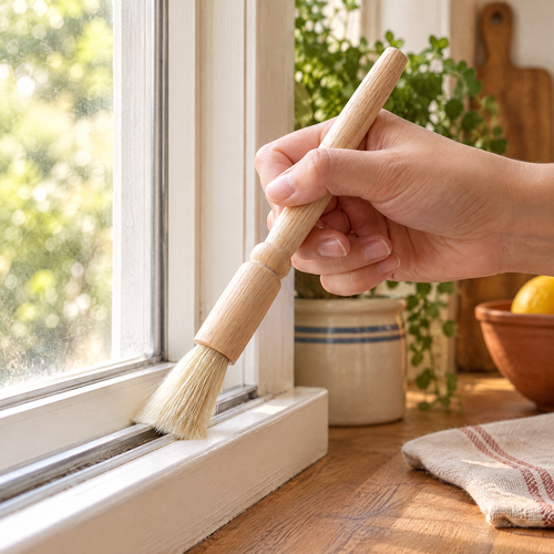 Nook Wooden Detail Brush use: A hand guiding Nook pale bristles along a suitable window track