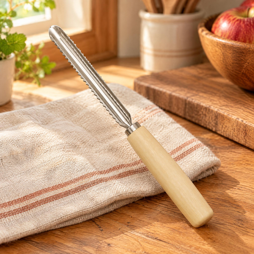 Orchard Wooden Fruit Corer detail: Orchard Wooden Fruit Corer: open blade channel and wood grip