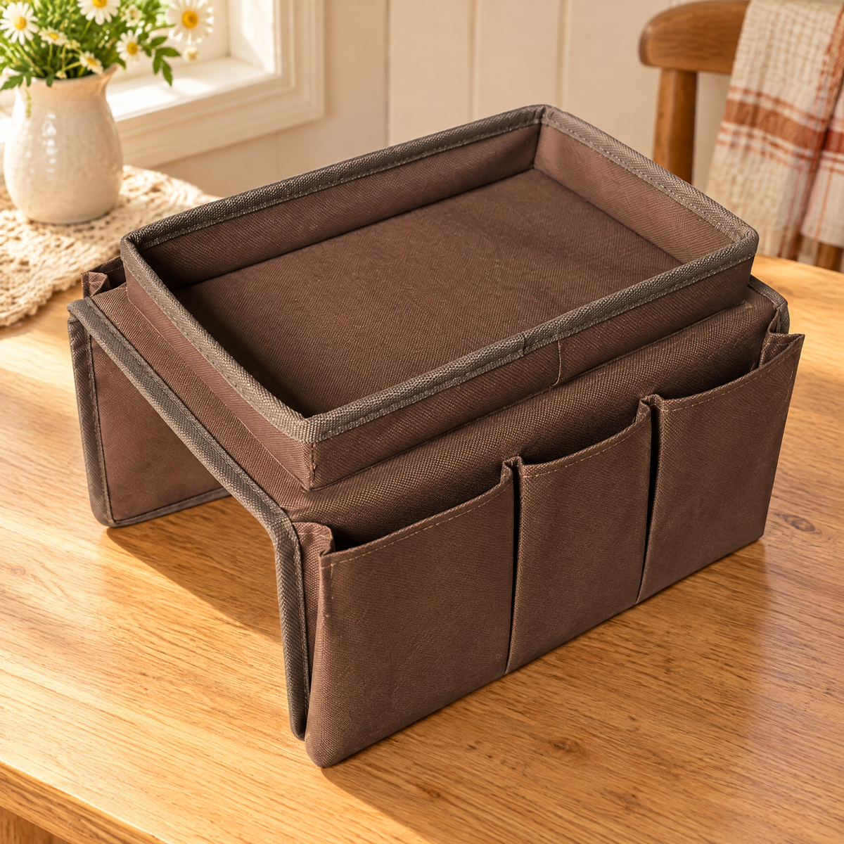 Parlour Sofa Caddy detail: Parlour shallow tray and exact four-pocket layout
