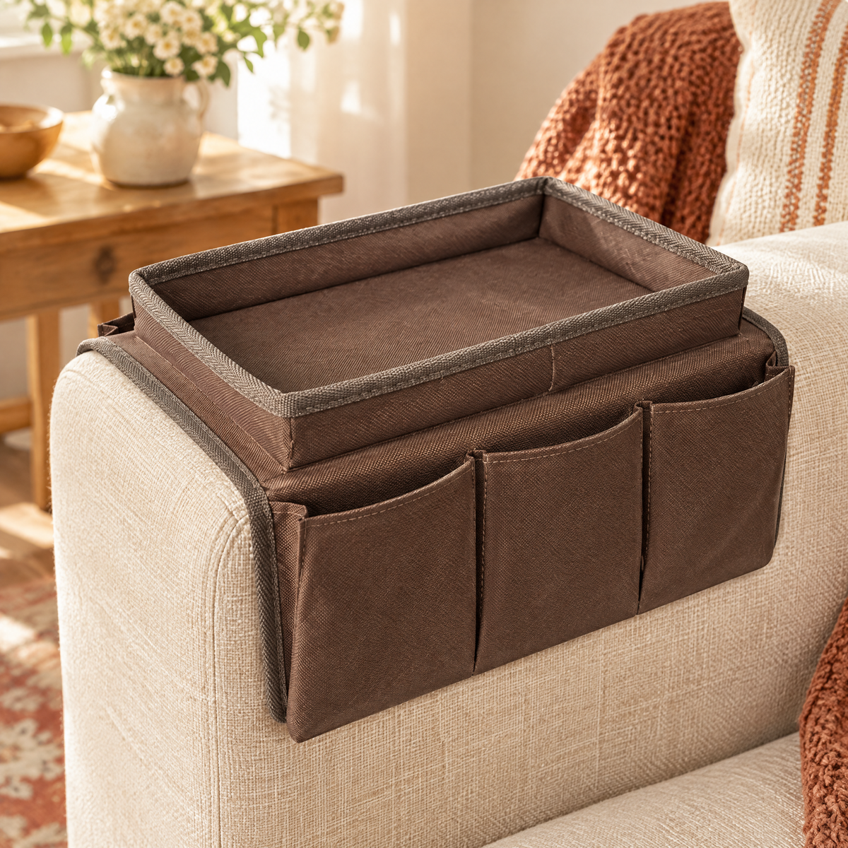 Parlour Sofa Caddy hero: Parlour brown tray caddy with three small and one wide pocket
