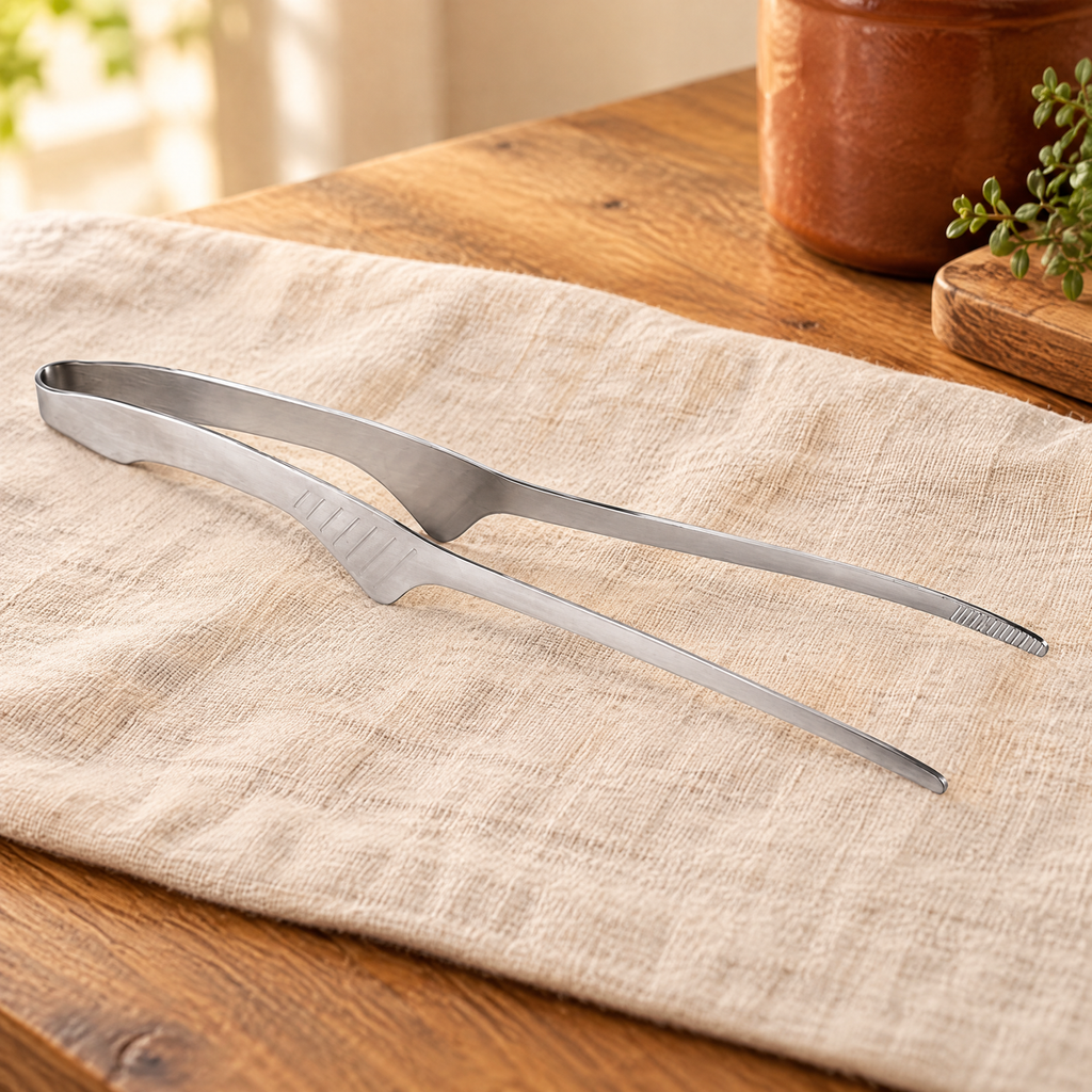 Pass Stainless Serving Tong detail: Pass tong showing its narrow straight tips and simple folded metal bow