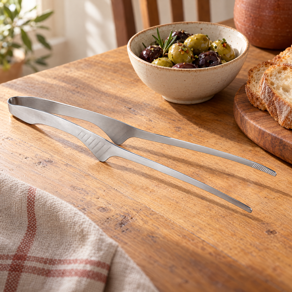 Pass Stainless Serving Tong story: Pass serving tong beside olives at a warmly set table