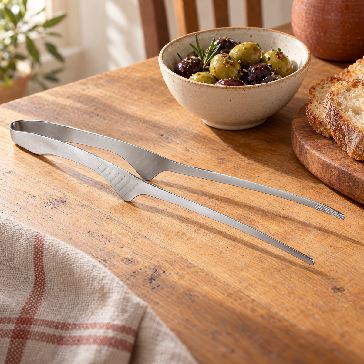 Pass serving tong beside olives at a warmly set table