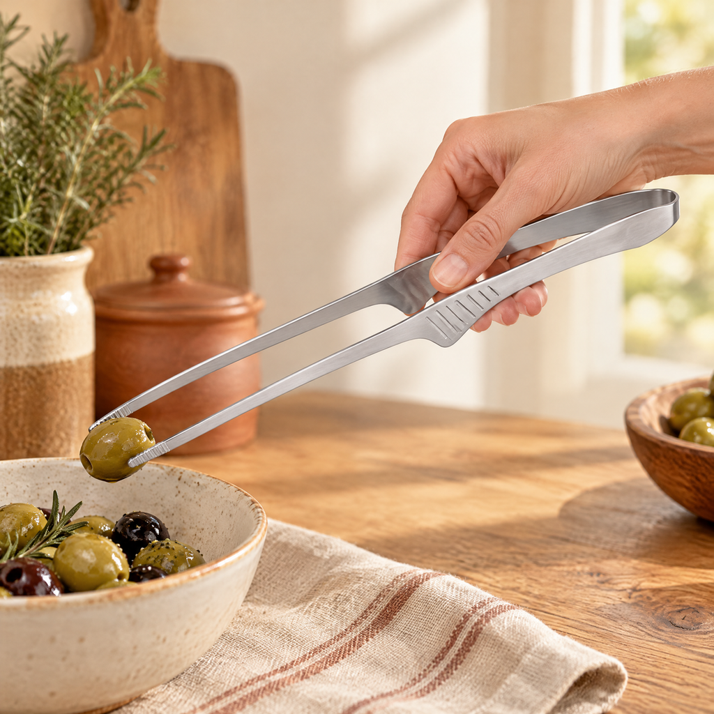 Pass Stainless Serving Tong use: One hand using Pass to lift a single olive from a bowl