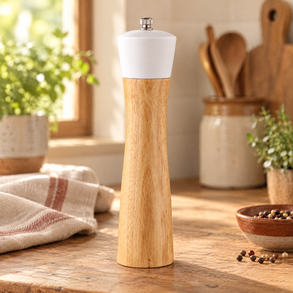 Pepper Wooden Manual Mill detail: Pepper Wooden Manual Mill: white cap and wooden body