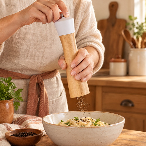 Pepper Wooden Manual Mill use: Pepper Wooden Manual Mill: manual pepper grinding over a bowl