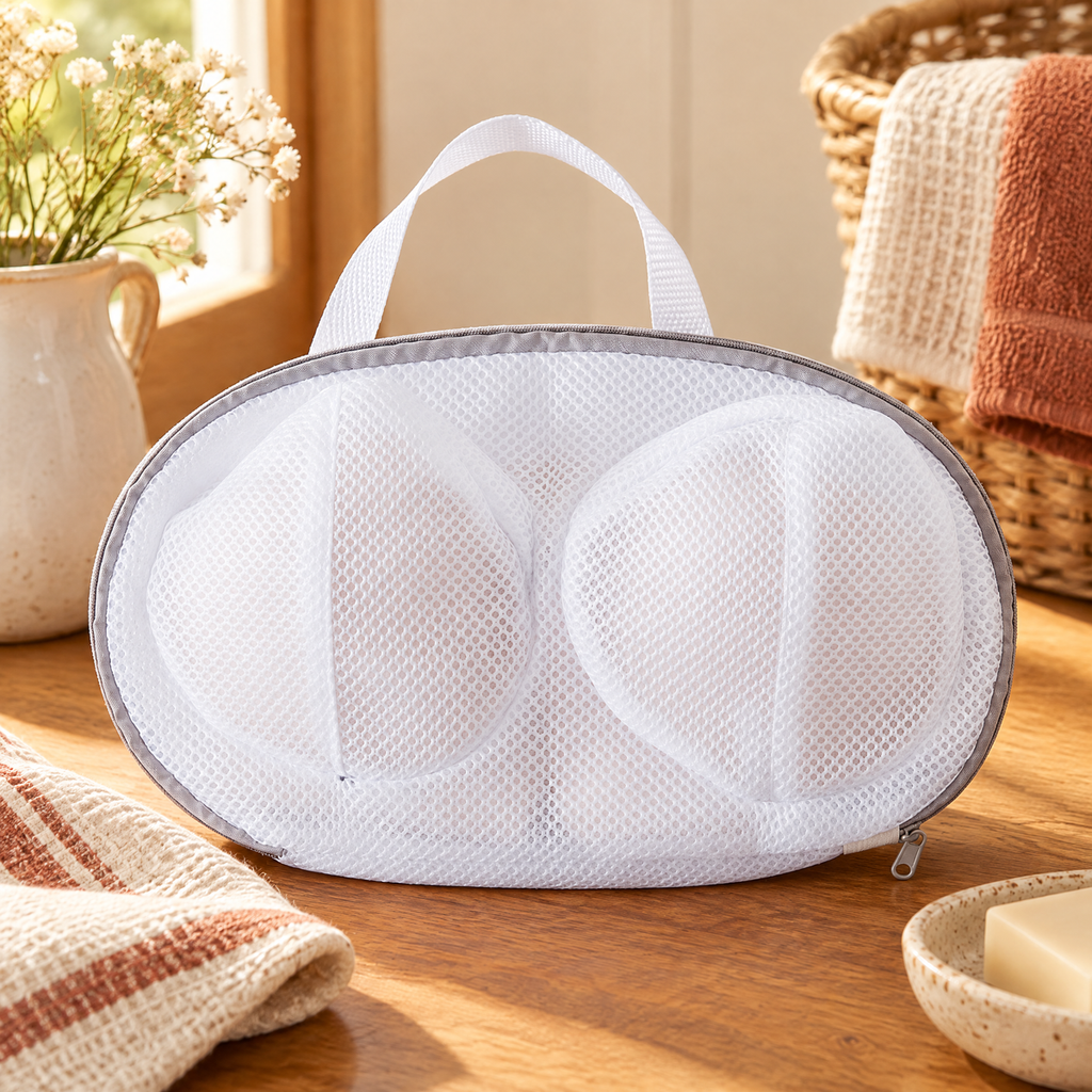 Petal Bra Wash Bag detail: Petal grey zipper, white mesh and twin-cup shape