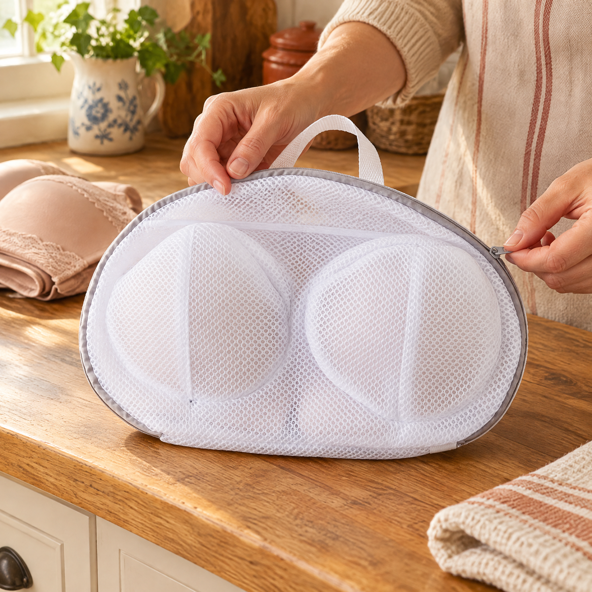 Petal Bra Wash Bag use: One Petal bag being opened gently by hand