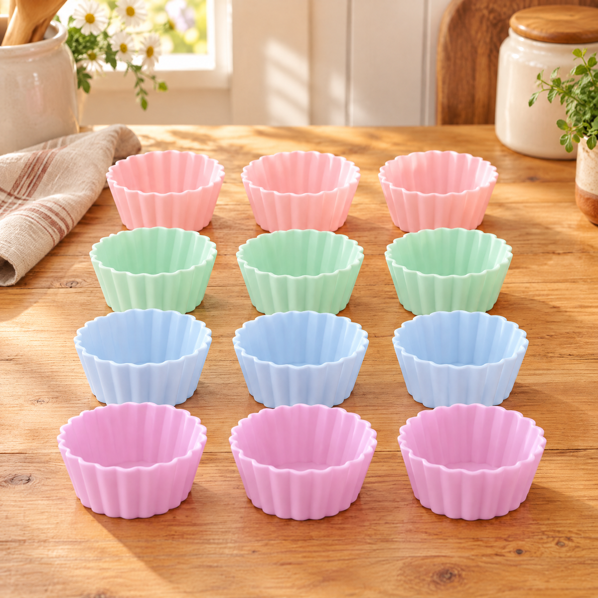 Petal Muffin Cup Set hero: Petal Muffin Cup Set: complete twelve-cup pastel set