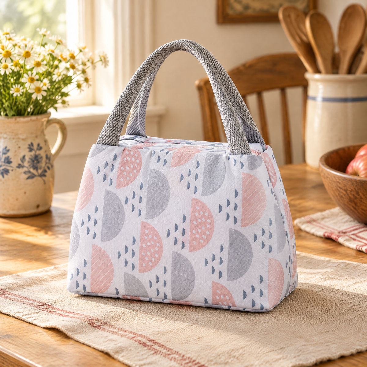 Picnic Oxford Lunch Bag detail: Close view of Picnic’s grey woven handles and soft patterned Oxford fabric