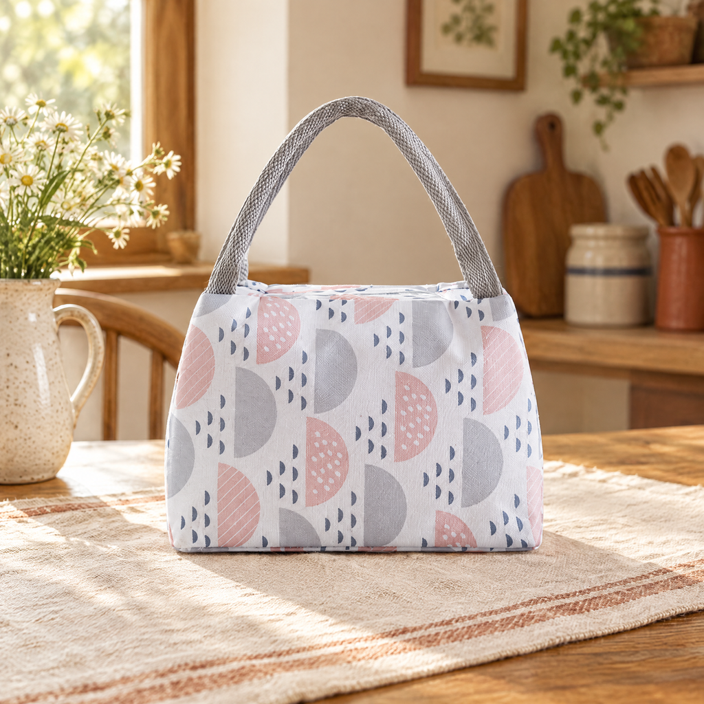 Picnic Oxford Lunch Bag hero: Complete Picnic lunch bag with pink-grey semicircle print and two grey woven handles