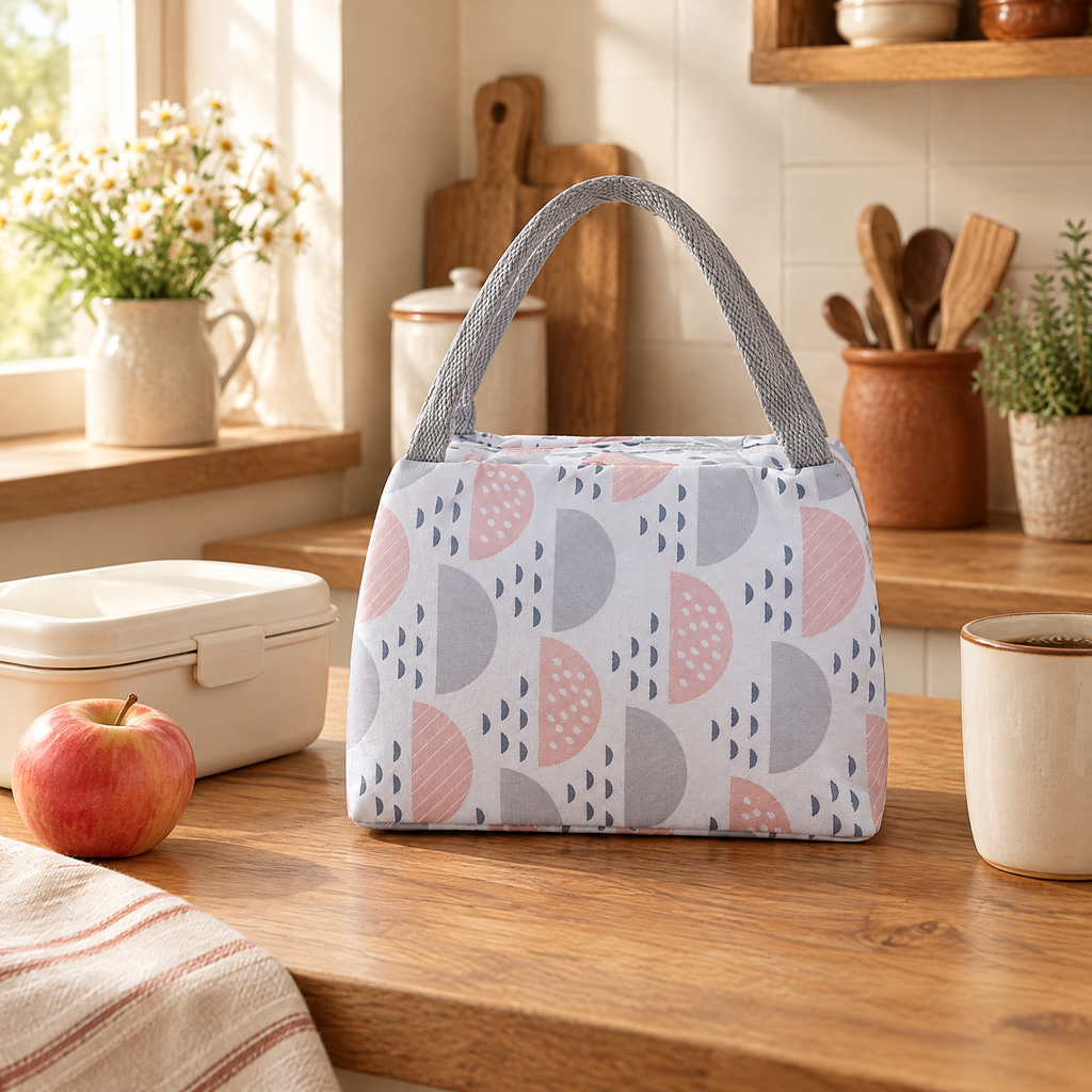 Picnic Oxford Lunch Bag story: Picnic lunch bag waiting beside a lunch container on a warm kitchen counter