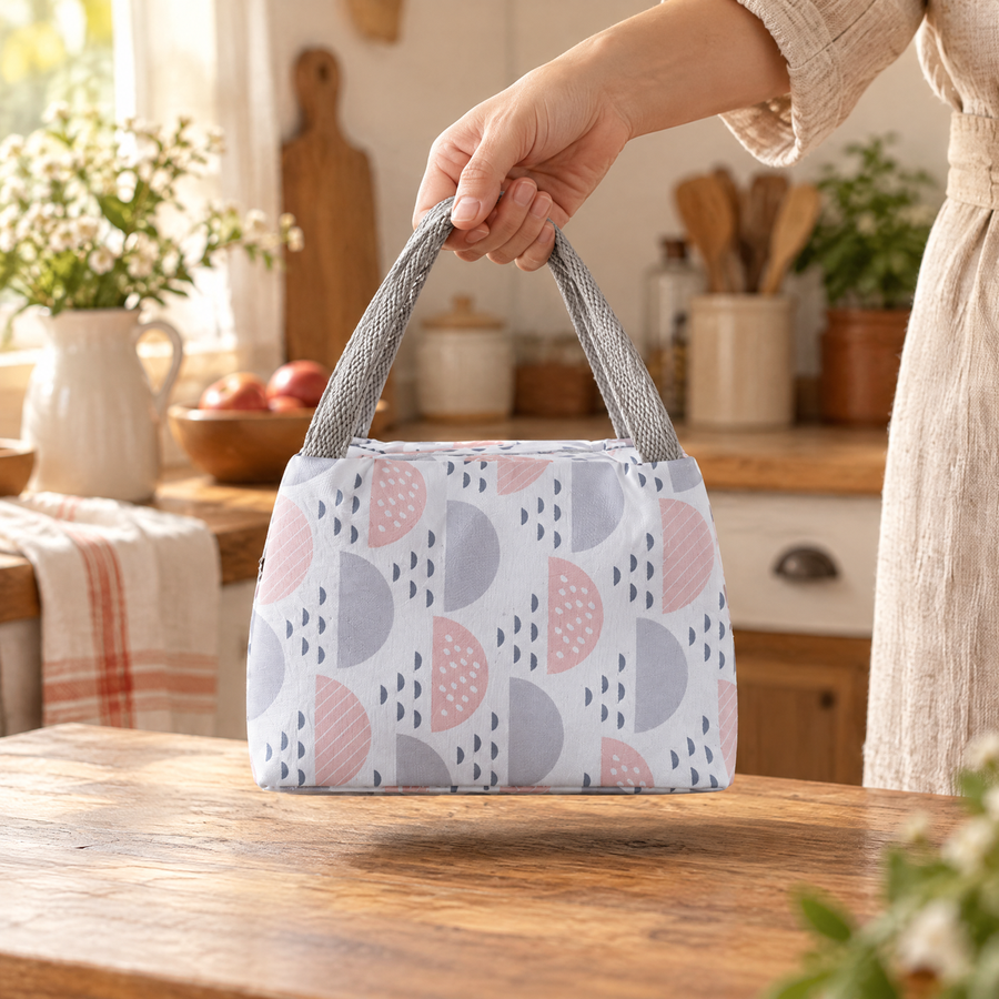 One hand lifting the complete Picnic lunch bag by both short handles
