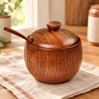 Pinch Wooden Salt Pot & Spoon detail: Pinch Wooden Salt Pot & Spoon: wood grain and spoon notch