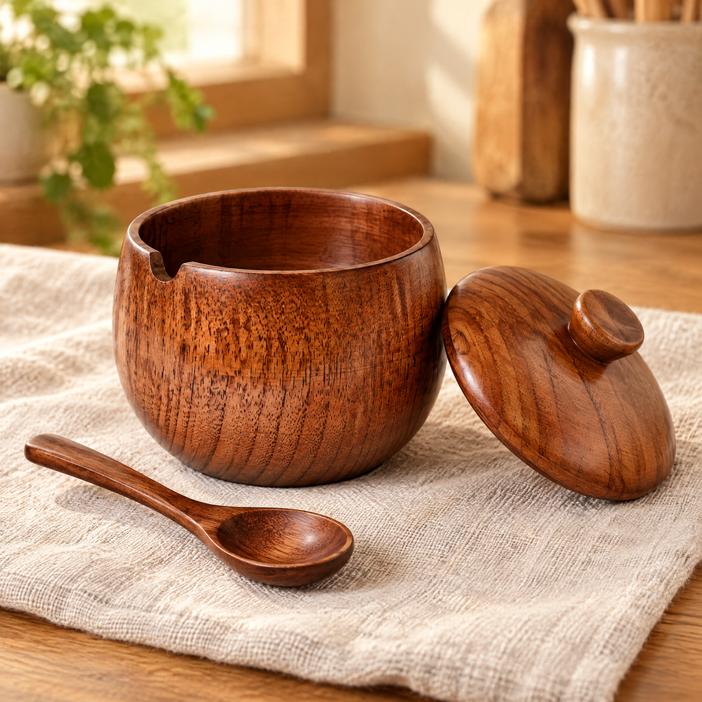 Pinch Wooden Salt Pot & Spoon hero: Pinch Wooden Salt Pot & Spoon: pot, lid and spoon