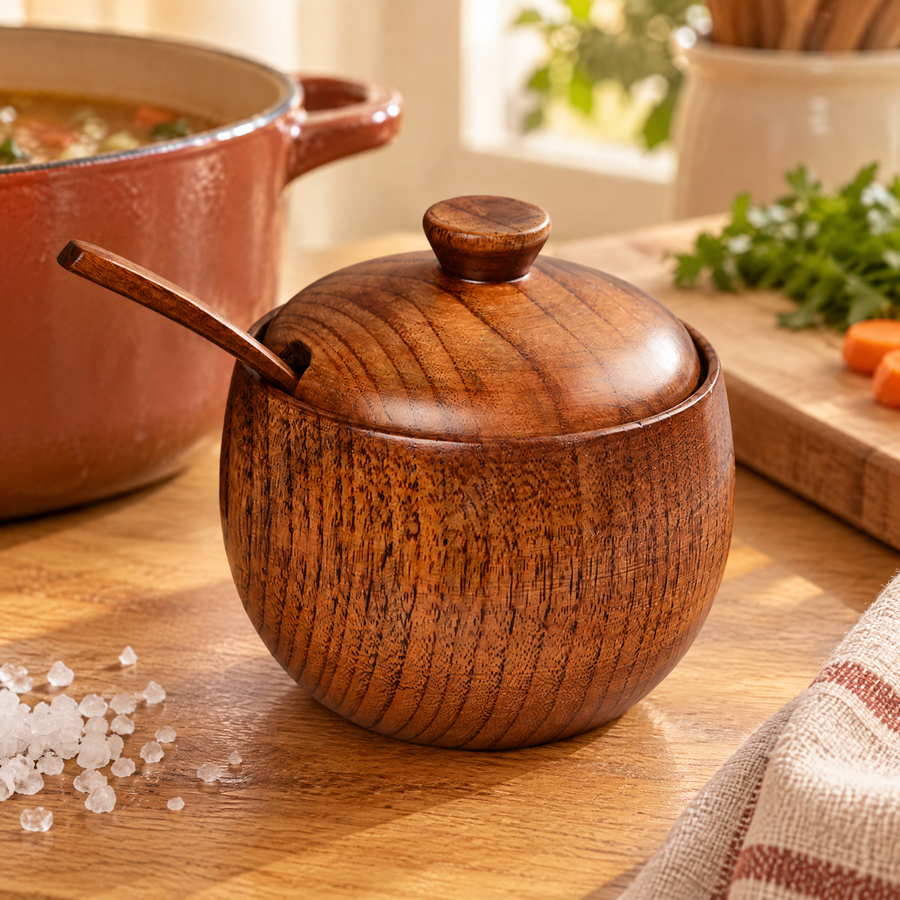 Pinch Wooden Salt Pot & Spoon: prepare the empty pot