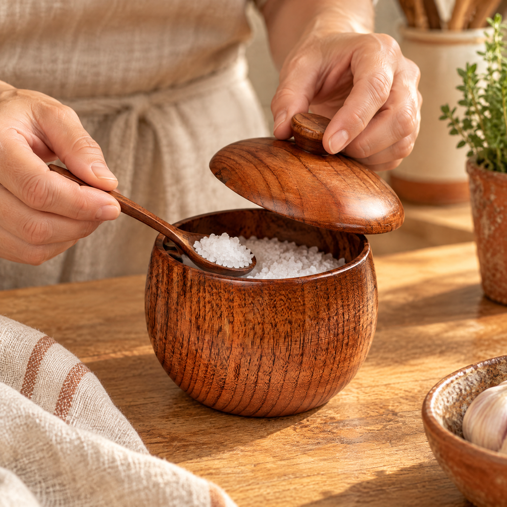 Pinch Wooden Salt Pot & Spoon use: Pinch Wooden Salt Pot & Spoon: taking dry seasoning with its spoon