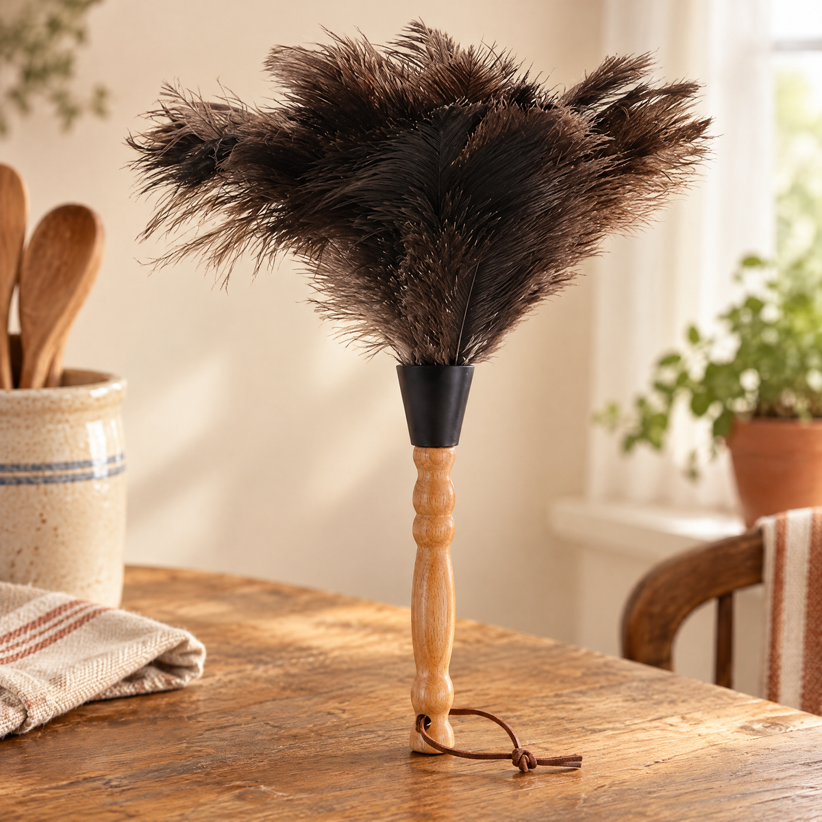 Plume Wooden Handle Feather Duster detail: Turned wooden grip and dark feather fan of Plume