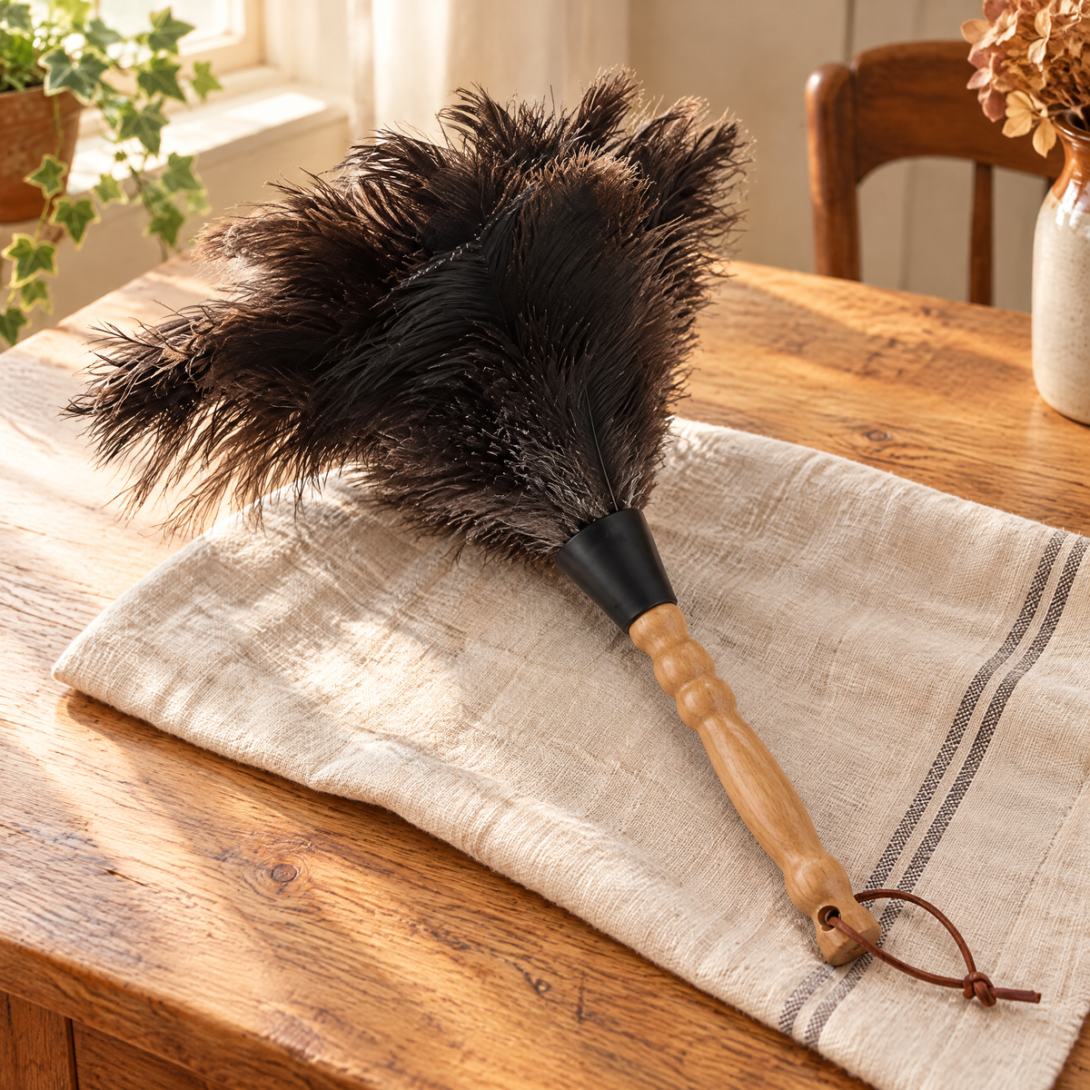 Plume Wooden Handle Feather Duster hero: One Plume dark feather duster with a turned wooden handle and brown loop