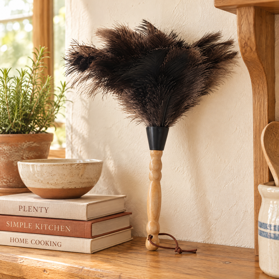 Plume feather duster beside a cookbook shelf and ceramic bowl