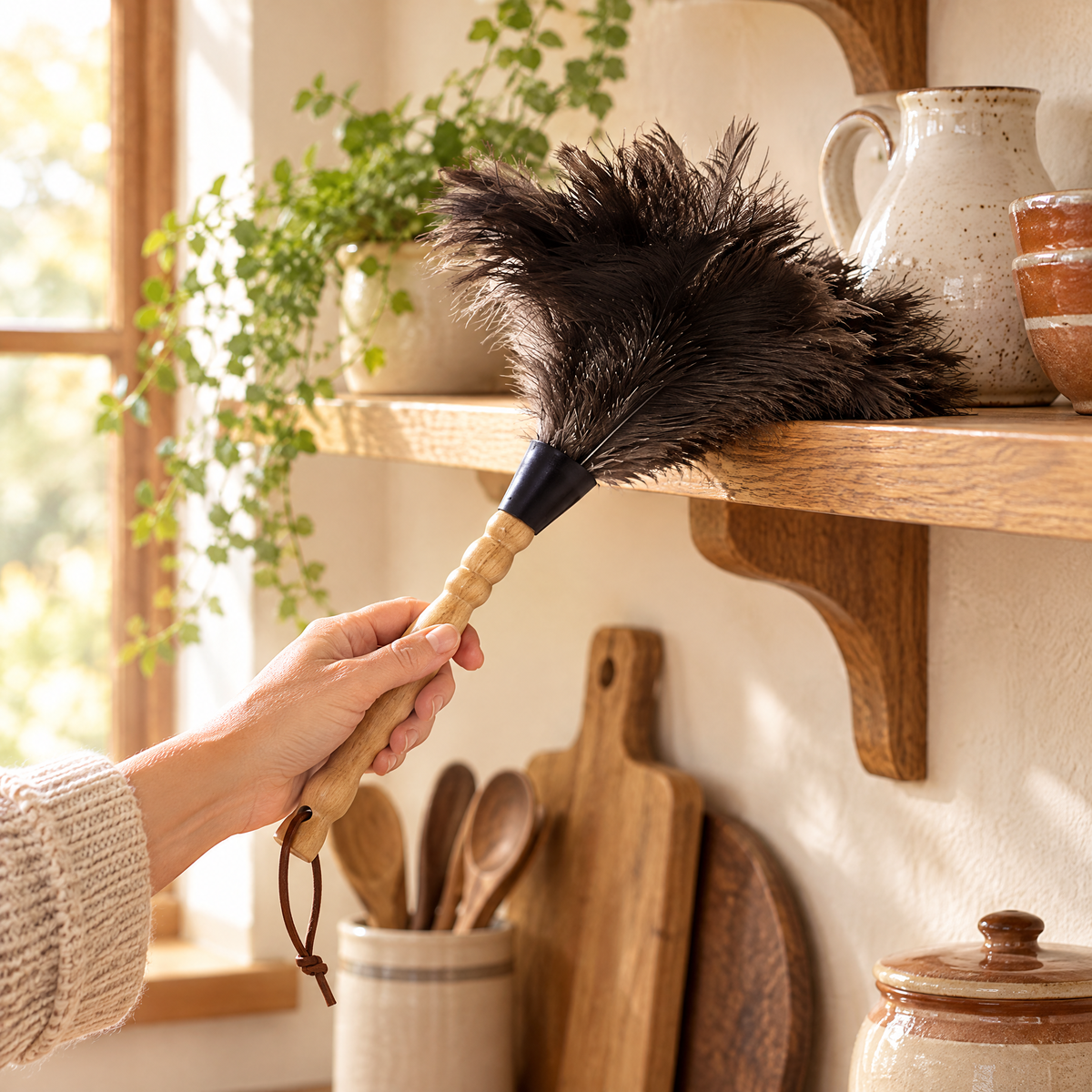 Plume Wooden Handle Feather Duster use: A hand guiding Plume feather tips lightly over an oak shelf