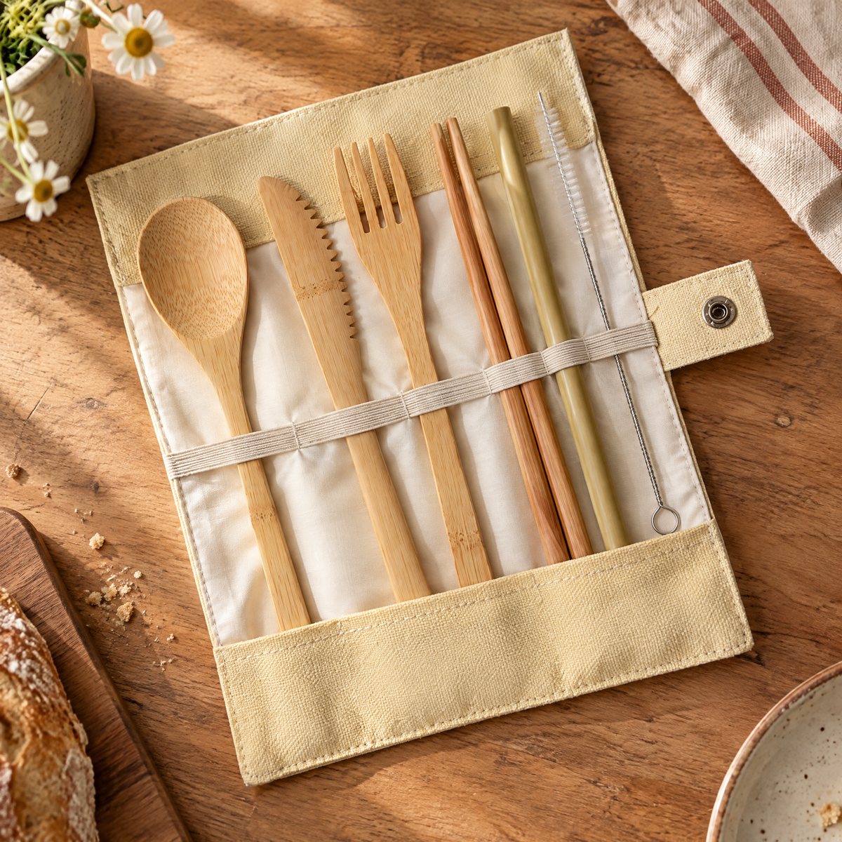 Pocket Bamboo Cutlery Set detail: Complete Pocket set showing its canvas roll, elastic and snap fastening