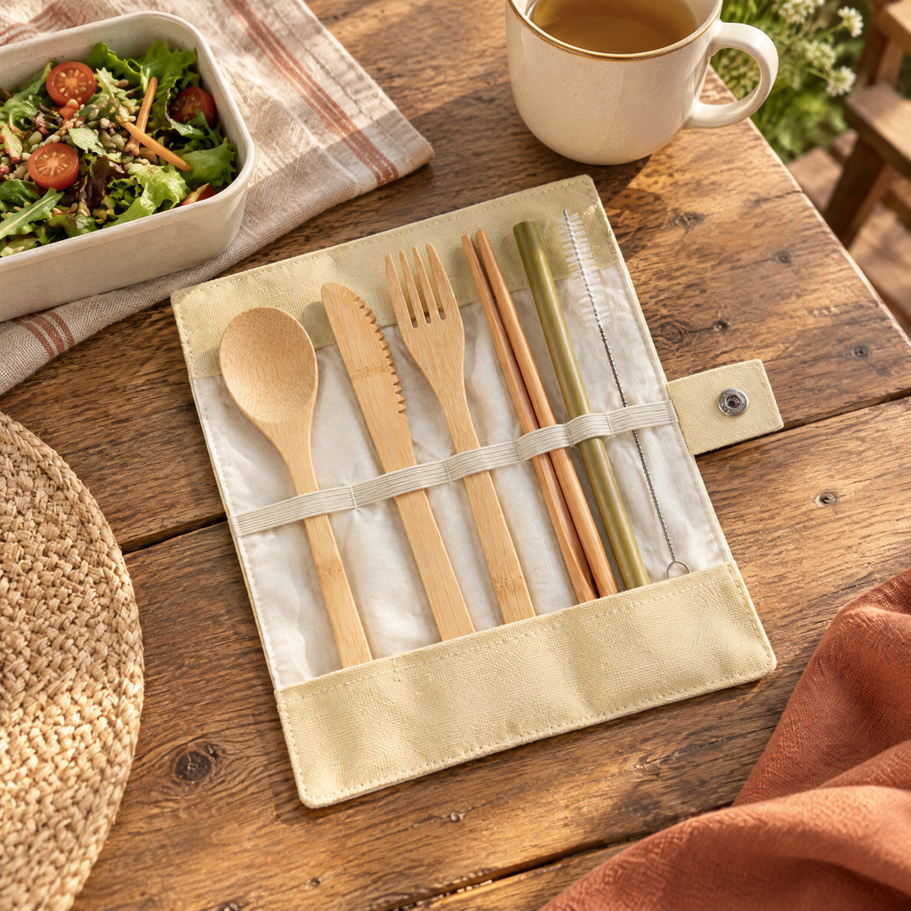 Pocket Bamboo Cutlery Set story: Pocket cutlery roll beside a packed lunch at an outdoor table