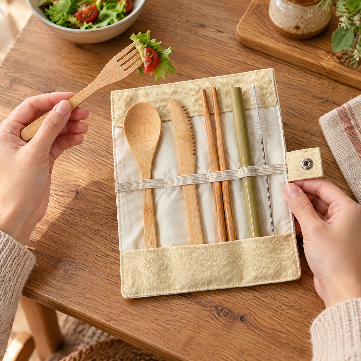 Pocket Bamboo Cutlery Set use: One hand using the Pocket fork while the remaining six implements rest in the roll