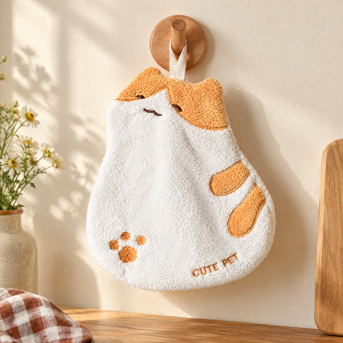 Poppy Cat Hand Towel detail: Poppy’s loop-textured cloth and cream hanging loop