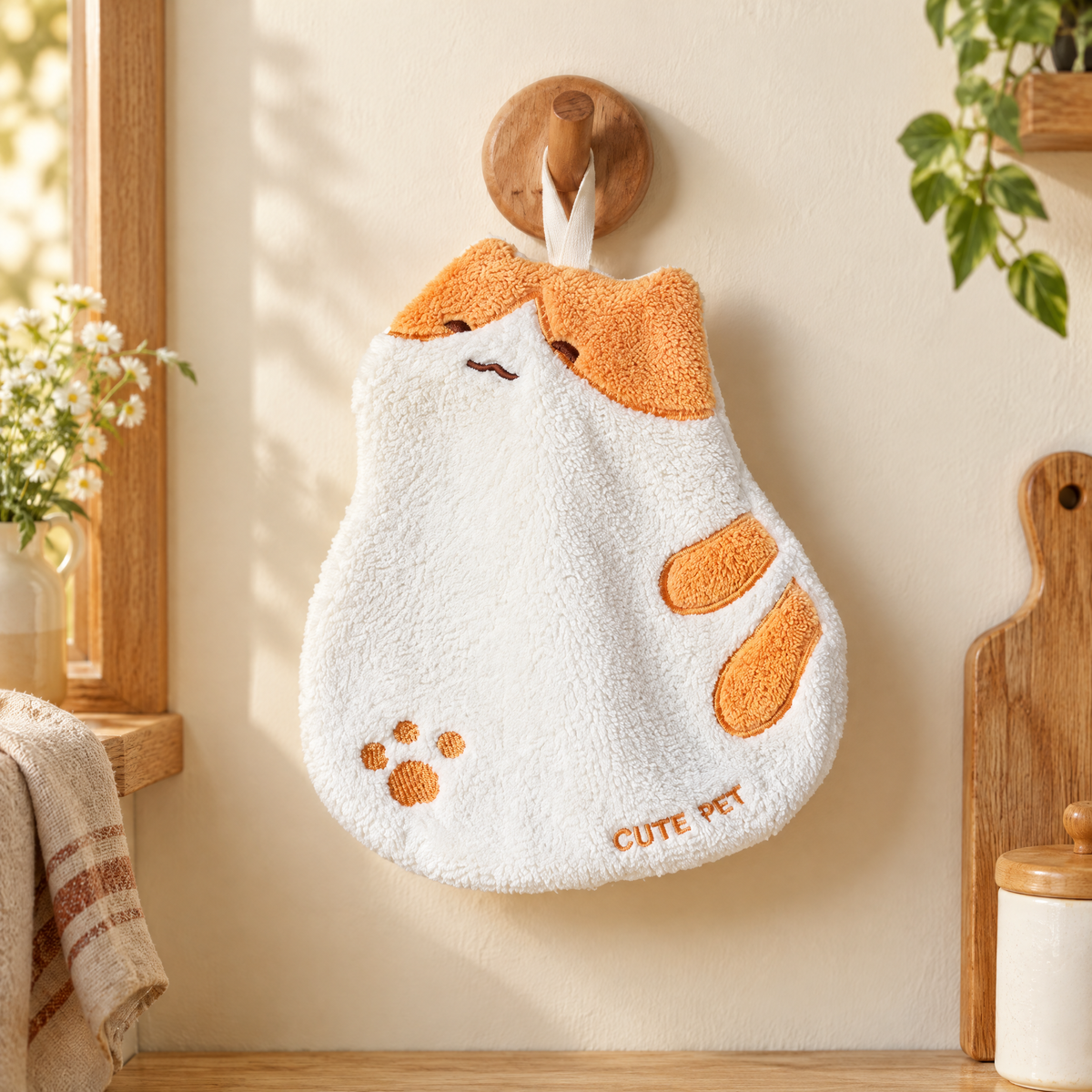 Poppy Cat Hand Towel hero: Poppy’s white-and-orange towel and supplied round hook