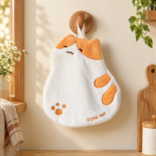 Poppy Cat Hand Towel hero: Poppy’s white-and-orange towel and supplied round hook