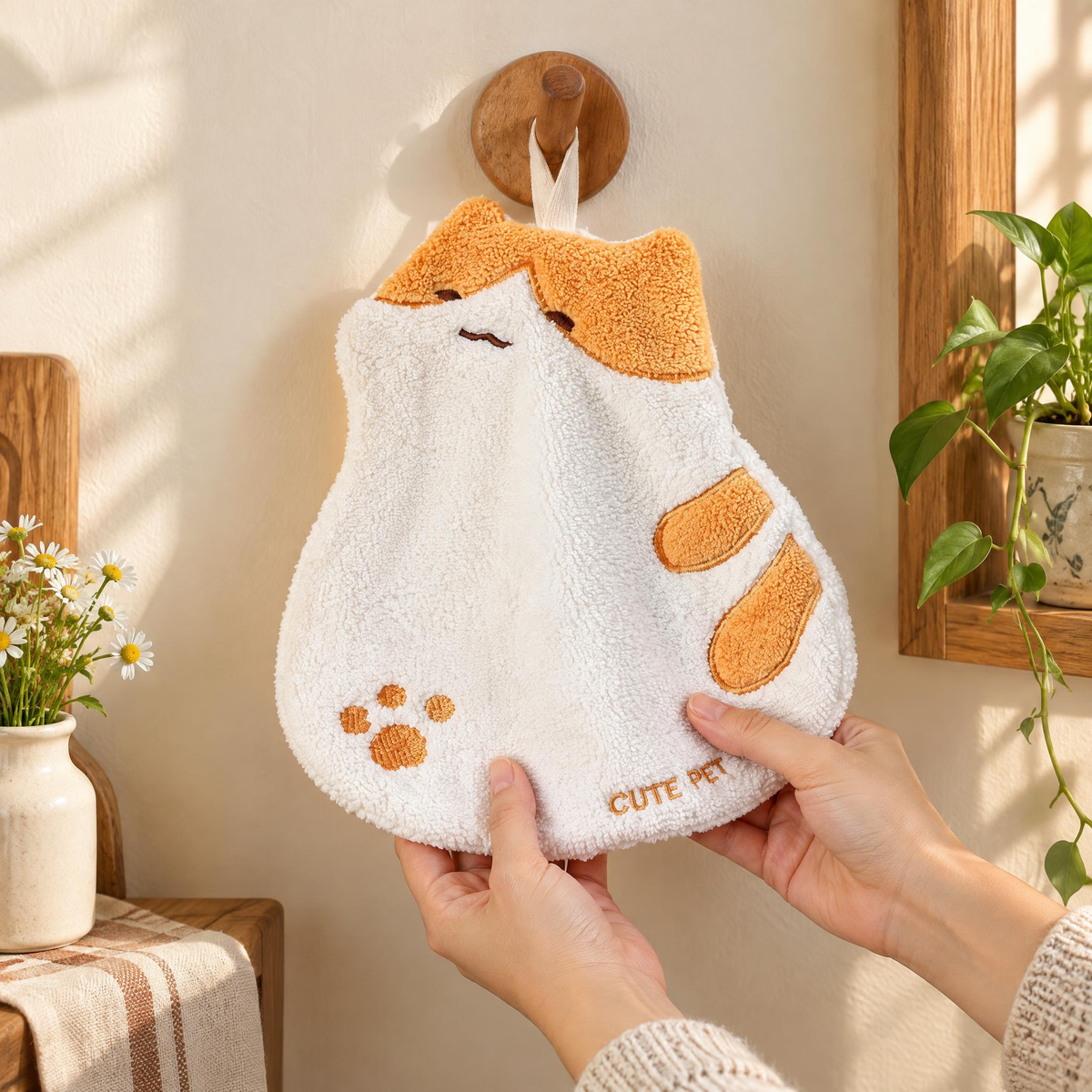 Poppy Cat Hand Towel use: A familiar hand-drying gesture with Poppy
