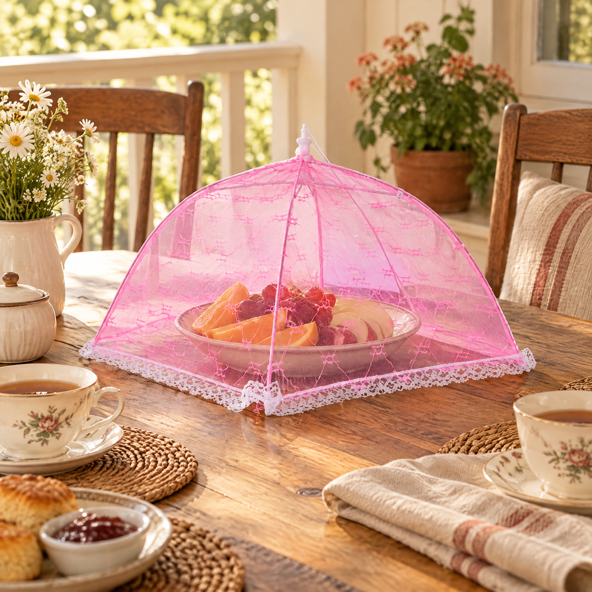 Porch Pink Mesh Table Cover story: Pink mesh cover over a fruit plate at a table set for afternoon tea.