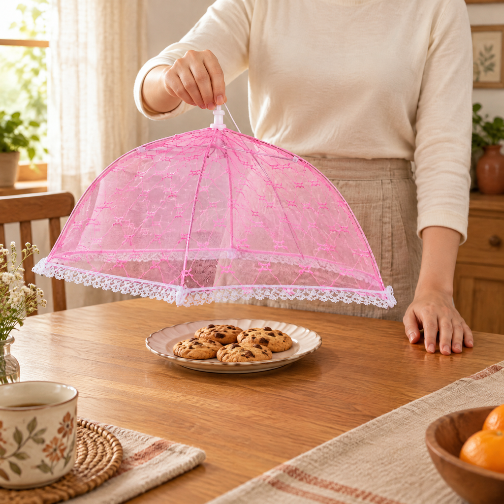 Porch Pink Mesh Table Cover use: A person lifting the pink cover by its white top tip to uncover the cookie plate.
