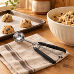 Portion Cookie Scoop story: Portion beside soft dough and a waiting baking tray