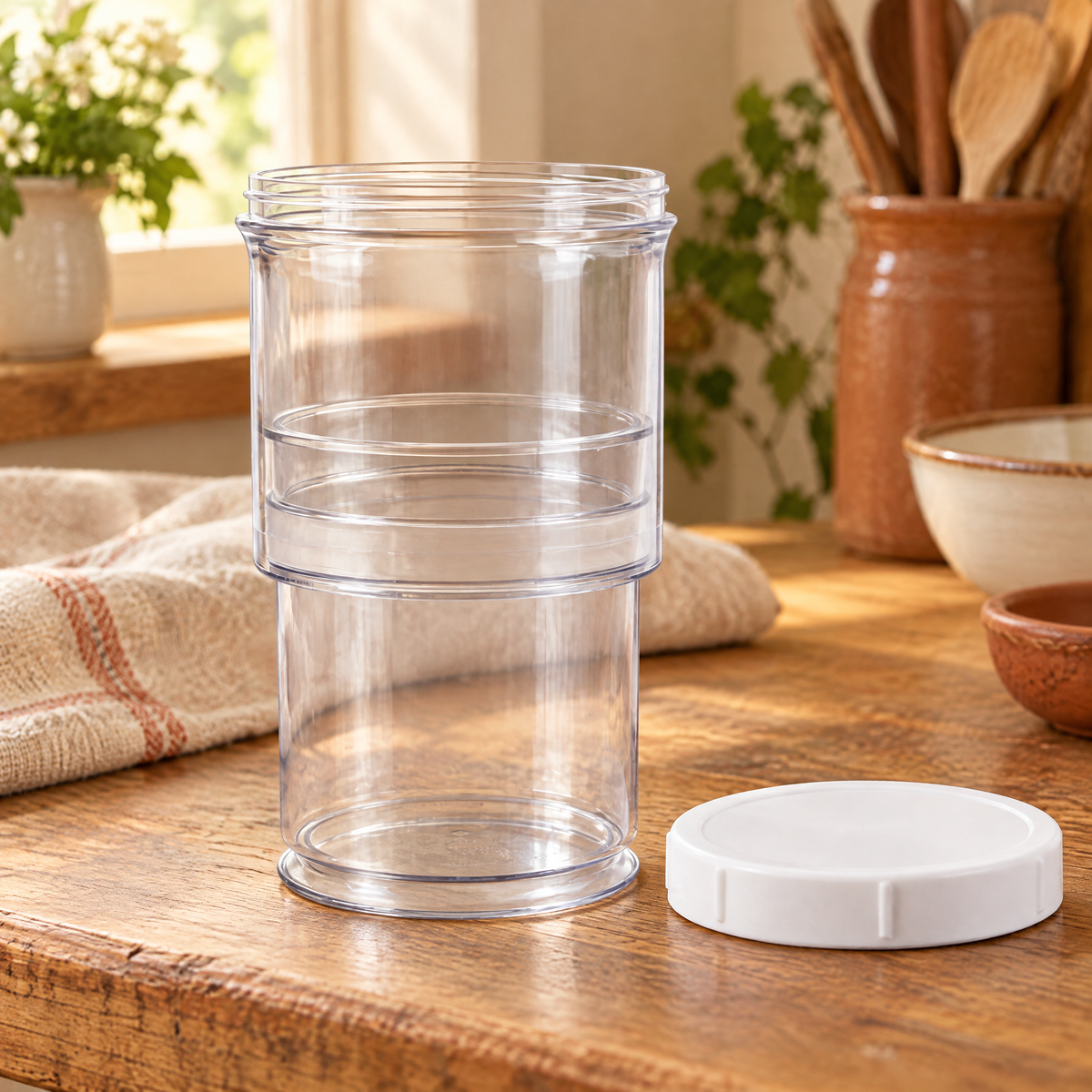 Press Adjustable Storage Jar detail: Clear overlapping jar body and one white lid