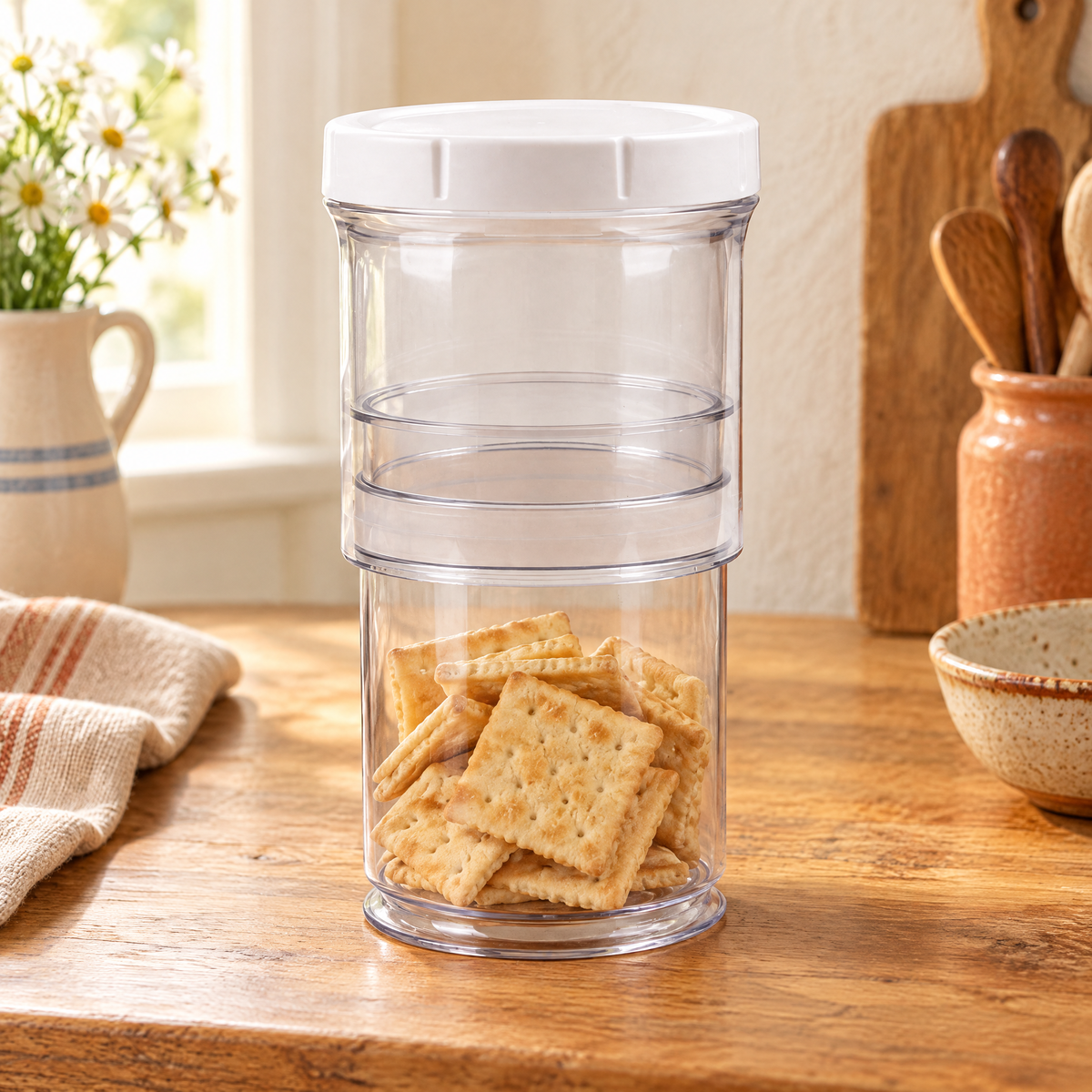 Press Adjustable Storage Jar story: One Press jar holding a modest cracker portion