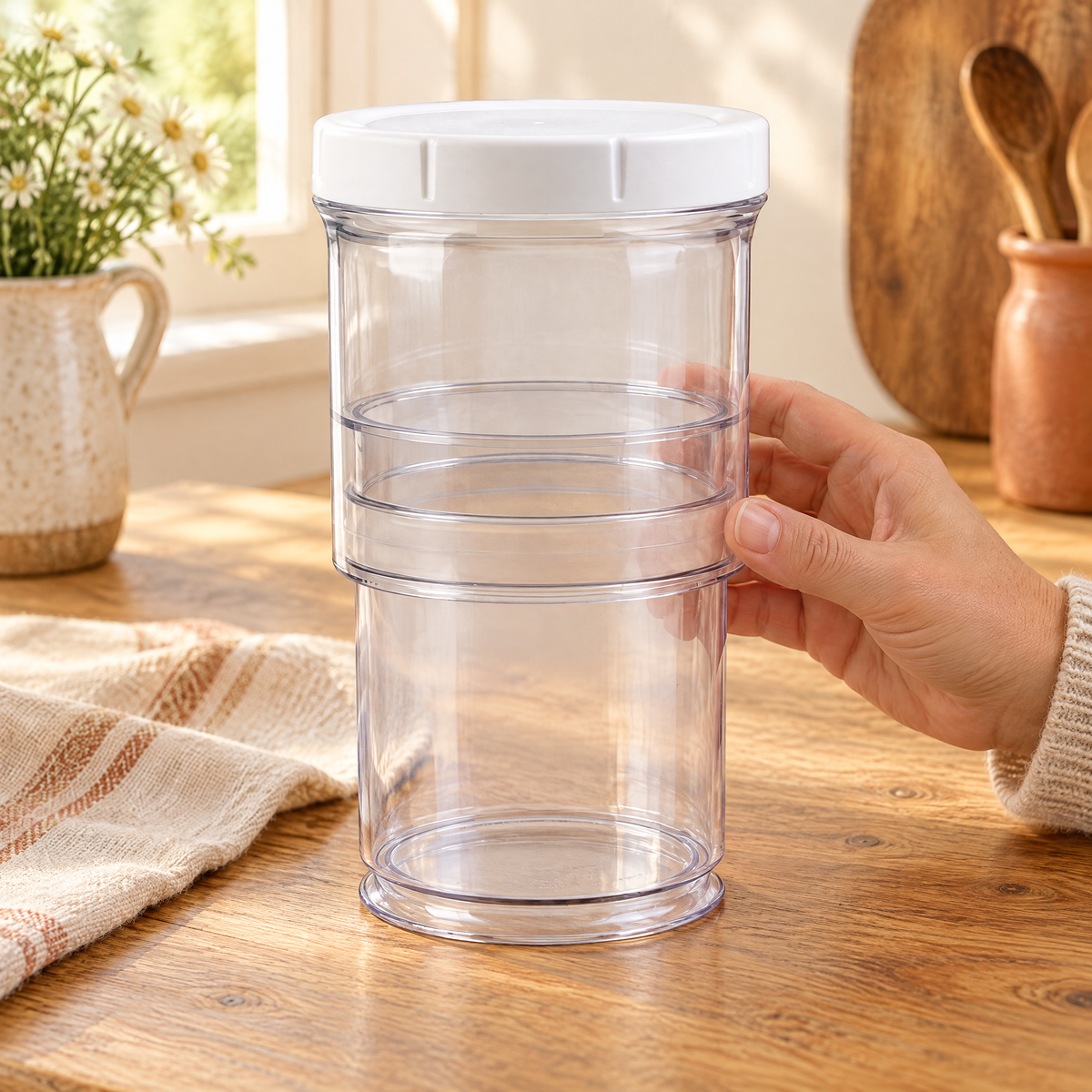 Press Adjustable Storage Jar use: Hand lightly steadying the complete empty jar