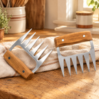 Pull Meat Claw Pair detail: Pull Meat Claw Pair: six tines and wooden handholds