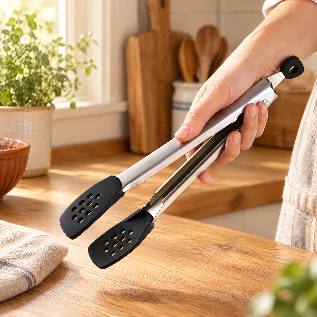 Reach Silicone Food Tongs detail: Reach Silicone Food Tongs: covered jaws and metal hinge