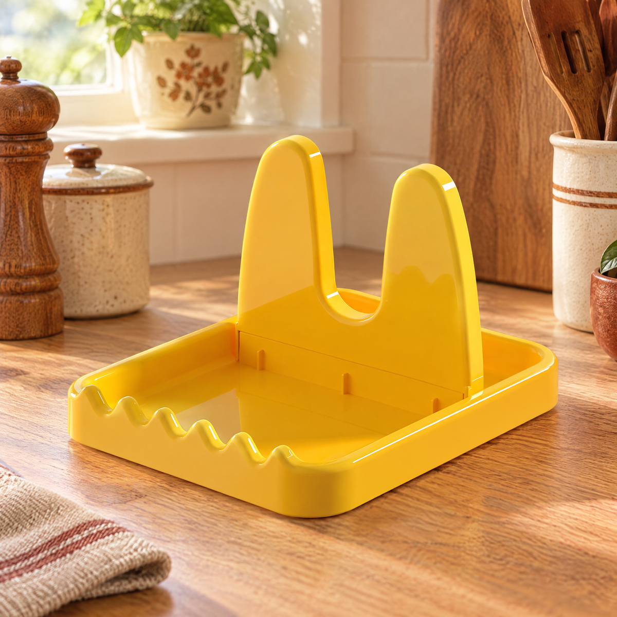 Rest Folding Lid Holder detail: Rest Folding Lid Holder: rear cradle and front utensil notches
