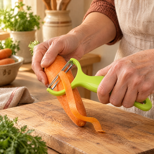 Ribbon Vegetable Peeler use: Ribbon Vegetable Peeler: a controlled peeling stroke