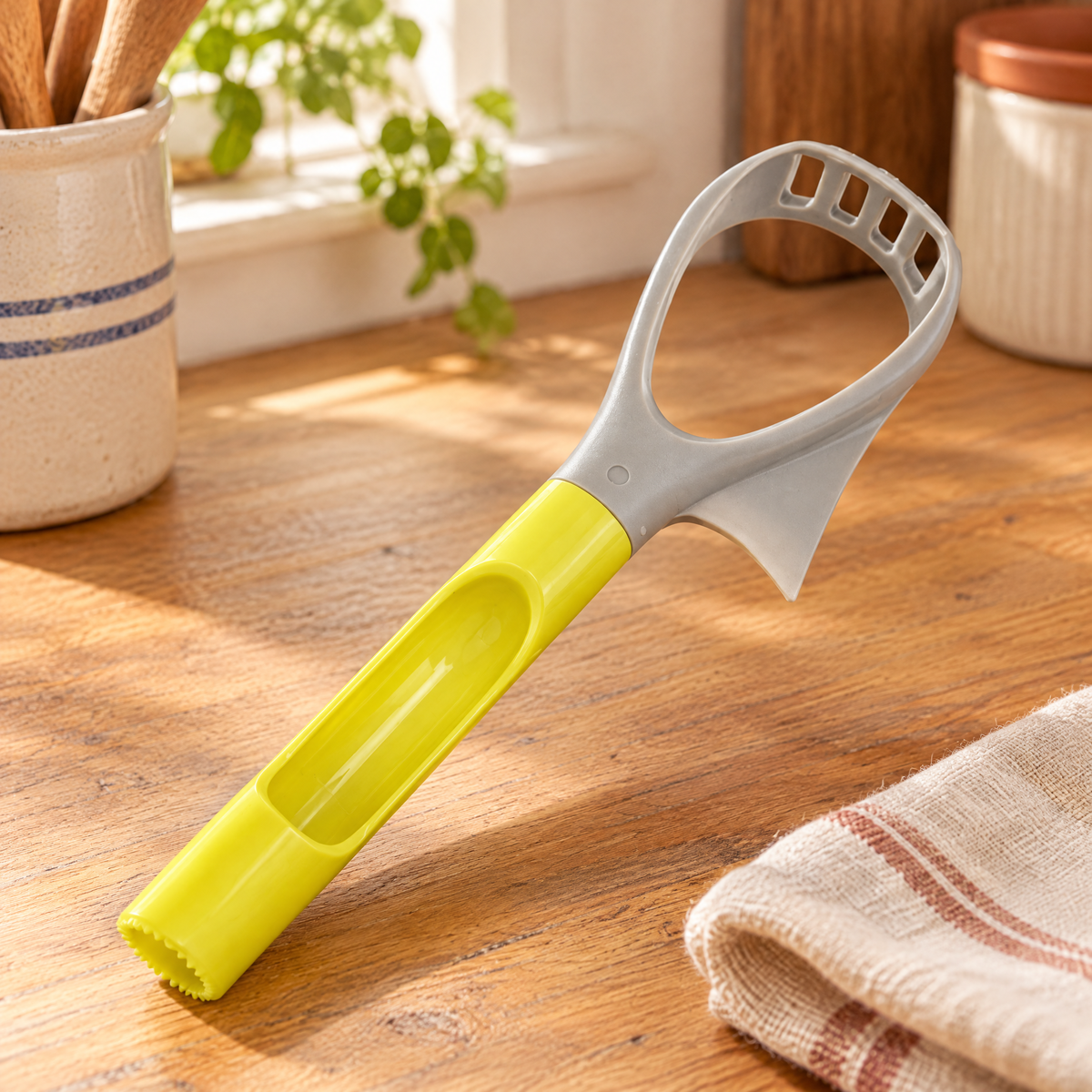 Ripe Grey and Yellow Avocado Tool hero: Ripe Grey and Yellow Avocado Tool: whole avocado preparation tool