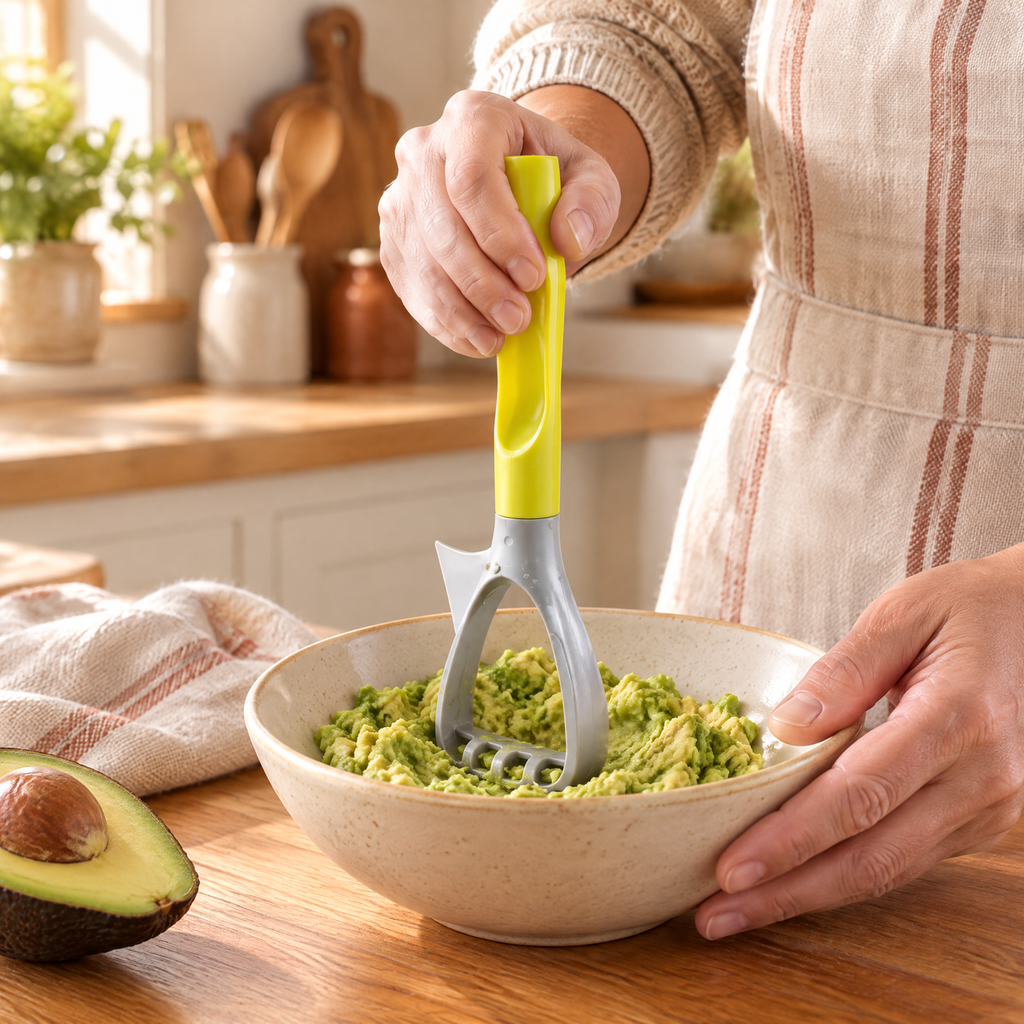 Ripe Grey and Yellow Avocado Tool use: Ripe Grey and Yellow Avocado Tool: a hand-guided soft-avocado mash